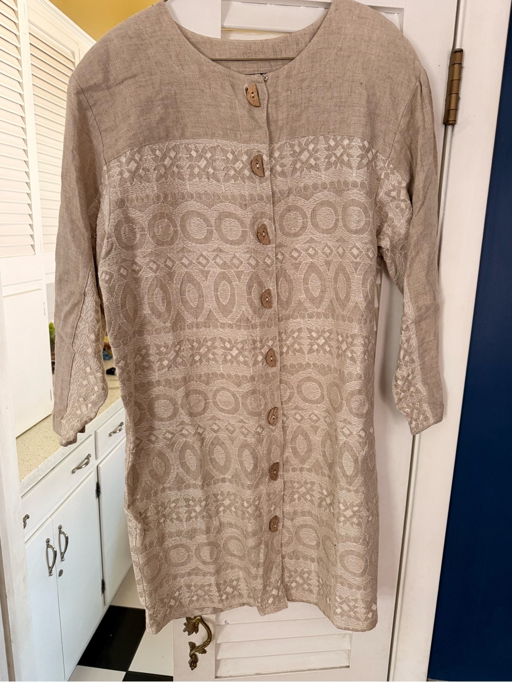 Carole Little Beige Embroidered Linen Button-Front Dress